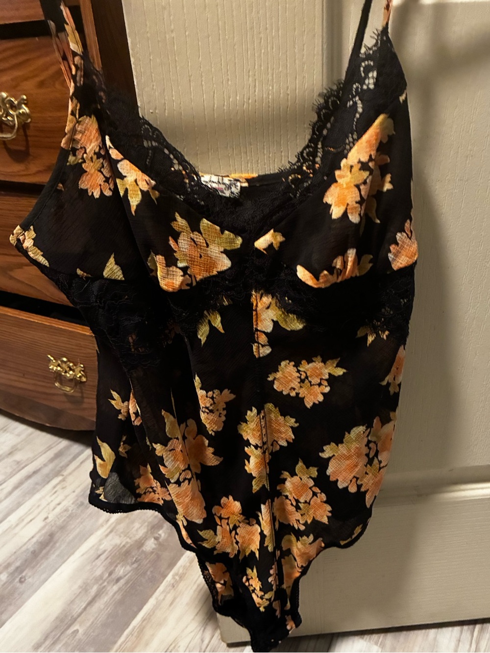 Free People Black Cami Bodysuit with Yellow Floral Print